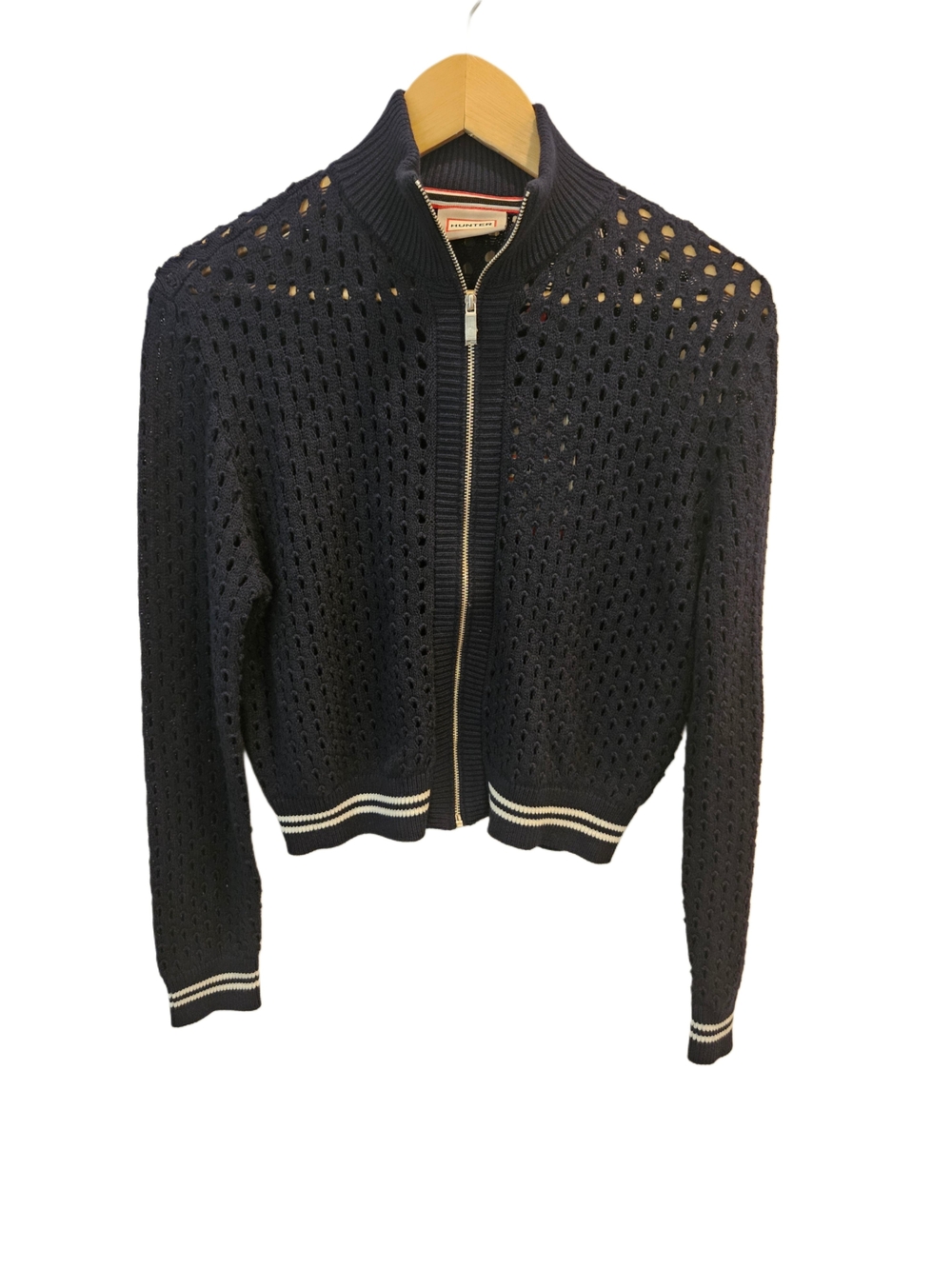Hunter NWT Open Knit Crochet Cropped Bomber Jacket Navy Blue Zip Track Sweater S